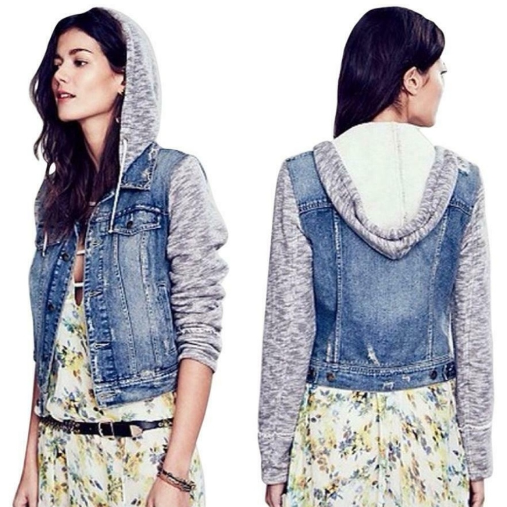 Free People Denim Distressed Cropped Hoodie Jacket